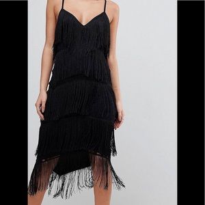Asos Black Fringe & Lace Midi Party Dress